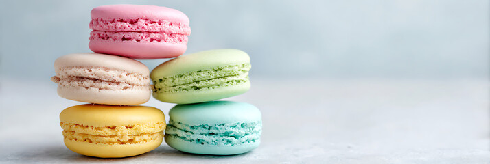 A delightful stack of five pastel-colored macarons in pink, cream, green, yellow, and blue, against a soft gray background.
