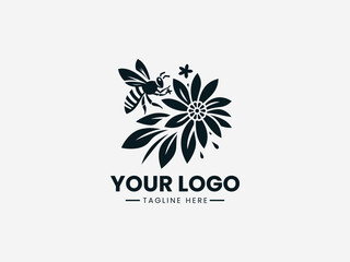 Elegant bee collecting nectar from detailed flower vector logo for organic garden brand identity
