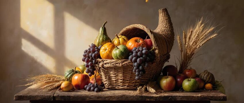 Thanksgiving Cornucopia Harvest Still Life Background. The subtle motion and warm lighting create a rich, festive background.