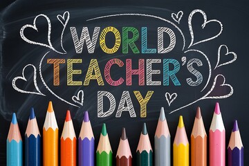 Colorful chalkboard art celebrating world teachers day with drawing of pencils and hearts