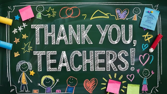 Thank you teachers chalkboard art with colorful drawings and school supplies celebrating education and appreciation