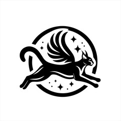 Mythical winged black cat leaping through stars in a circle