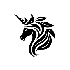 Stylized black unicorn head silhouette with flowing mane and horn