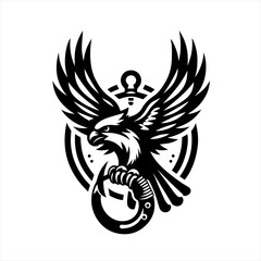 Black and white stylized eagle with outstretched wings holding a ring