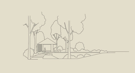 Obraz premium Minimalist line art drawing depicting a peaceful park scene with a gazebo