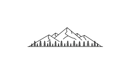 Minimalist mountain range illustration with pine forest, suitable for logo designs