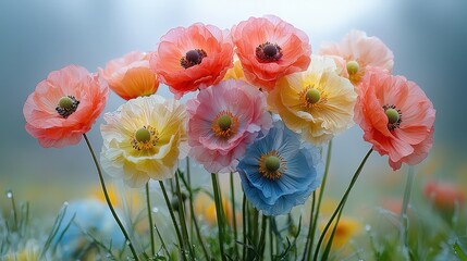 Vibrant blooming poppies in soft pastel colors with dewdrops in a misty garden