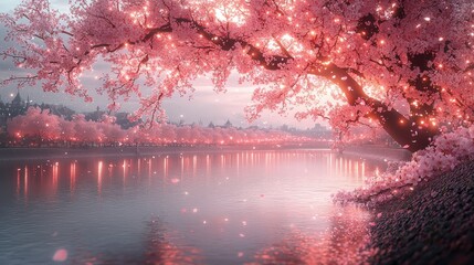 Magical cherry blossom tree over riverside at sunset with pink petals falling and city silhouette in the background
