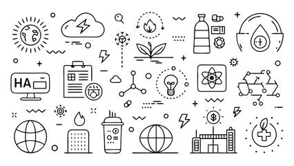 A collection of icons representing environmental themes and energy sources, including trees, solar panels, and wind turbines..eps © zihad