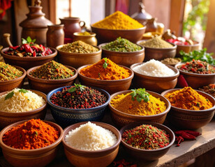 Colorful spice market displays rows of vibrant herbs and seasonings in traditional bowls, creating an aromatic and culturally rich shopping experience.