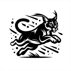Dynamic black silhouette of a caracal cat in mid leap