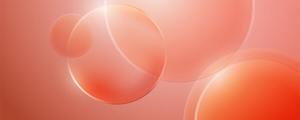 Abstract peach glass background with glowing transparent circles and bubbles