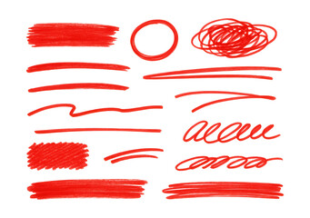 Hand-drawn red marker lines, grunge strokes, doodle underlines, scribbles.