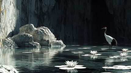 Solitary crane standing among water lilies in a serene mountain lake with rocky cliffs and dark reflections