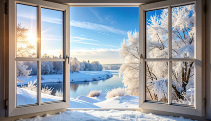 Beautiful snowy winter landscape with frosted trees and a frozen river, viewed through a bright window at sunrise.