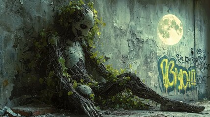 Moonlit abandoned urban scene with overgrown nature spirit and graffiti wall