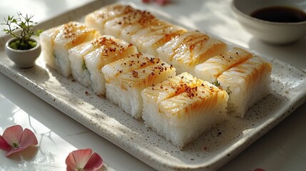 Delicious squarepressed sushi with white fish, spicy garnish, and soy sauce on ceramic plate with flowers in sunlight