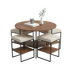 Compact dining solution showing round table with built in stools creating modern aesthetic
