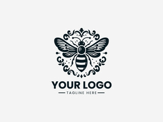 Obraz premium Ornate antique honey bee vector logo with detailed wings and vintage patterns for heritage brand identity