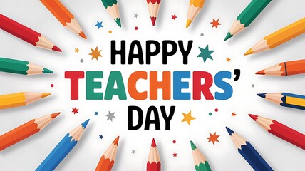 Happy teachers day celebration with colorful pencils and stars message for education appreciation