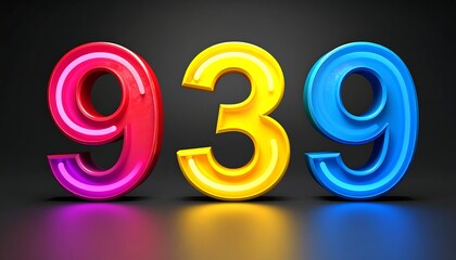 Colorful, stylized 3D numbers 939, rendered with vibrant gradients and inner neon outlines against a dark gray backdrop. Reflective surface below
