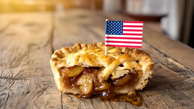 Cinematic video of traditional American apple pie slice with golden crust and baked apple filling on rustic wooden table decorated with USA flag smooth camera motion professional food footage