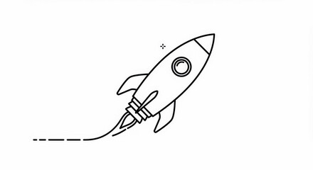 Black and White Line Art Icon of Rocket Launching into Space