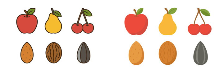 Different types of fruits and nuts displayed in a colorful and simple design suitable for a children's educational setting