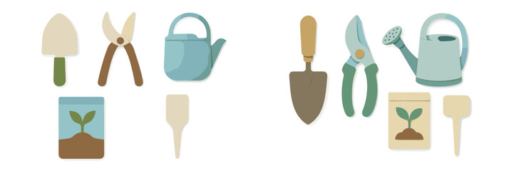 Gardening tools arranged neatly with seed packets and watering can for spring planting