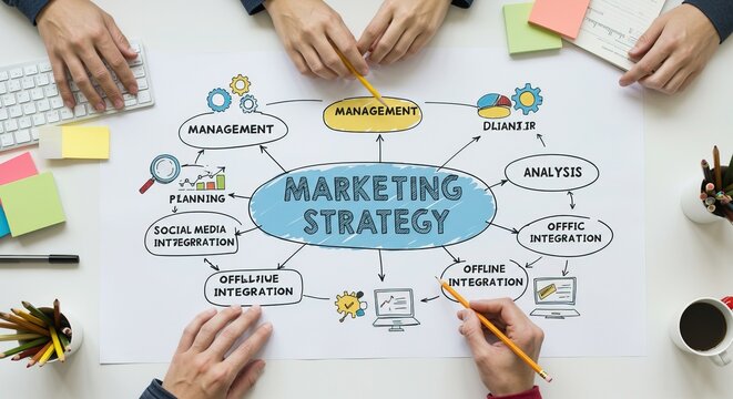 Overhead view of a diverse business team collaborating and brainstorming a new growth plan with a mind map