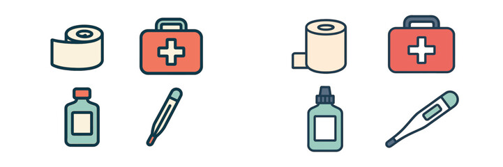 Medical supplies and tools used for first aid and health care displayed on a flat surface