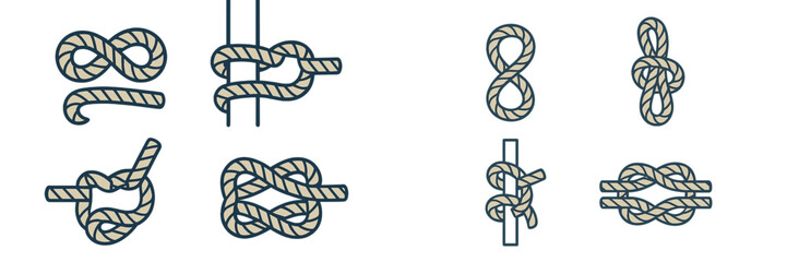 Variety of rope knots illustrated in clear design format for instructional use