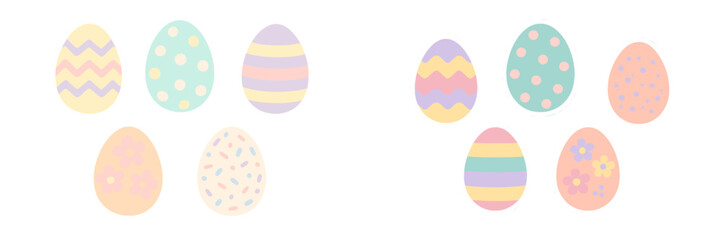 Colorful hand-painted Easter eggs in soft pastel shades, perfect for spring celebrations and decorations in various patterns and designs