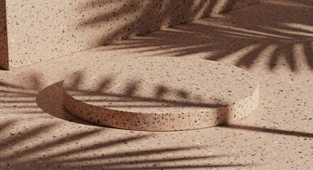 Round concrete pedestal with elegant palm leaf shadows on a neutral background, creating a serene, natural product display.
