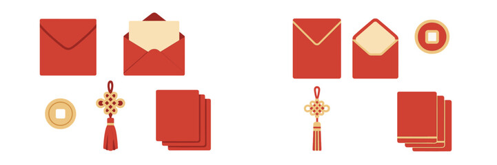 Festive red envelopes and decorative items arranged for a traditional celebration in a cultural setting