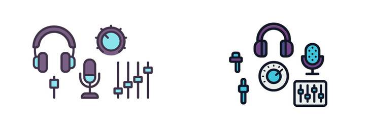 Illustrations of audio equipment including headphones, microphones, and sound controls in a modern design setting