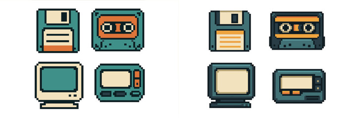 Vintage technology icons showcasing floppy disks, cassettes, and retro computers in pixel art style