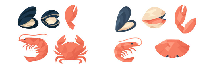 Colorful polygonal seafood illustrations featuring shrimp, crabs, and mussels in a vibrant design perfect for menus or decorations