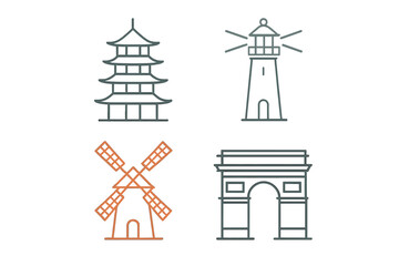 Collection of iconic structures including a pagoda, lighthouse, windmill, and archway showcasing diverse architectural styles