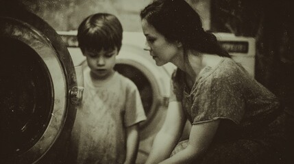 Happy family doing laundry together at home family lifestyle illustration daily life scene with mom and kids