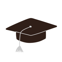 Minimalist vector illustration of a dark brown graduation cap with a light purple tassel. Academic achievement celebration icon. Flat simple hand drawn doodle design.