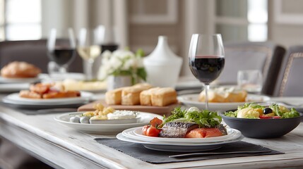 Dining table with mixed platters traditional and modern meals