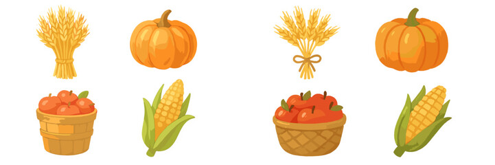 Fall harvest collection featuring pumpkins, corn, tomatoes, and wheat with autumn colors and bounty