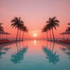 Obraz premium Tropical Sunset with Palm Tree Silhouettes and Infinity Pool Reflection