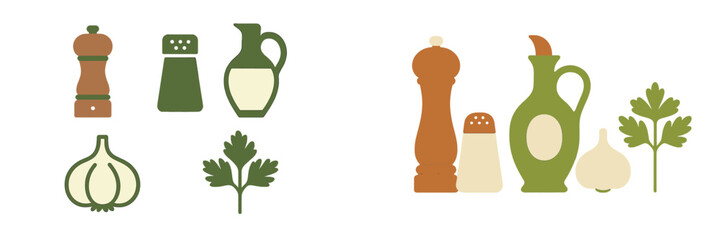 Artistic representation of kitchen ingredients and spices in a minimalistic style
