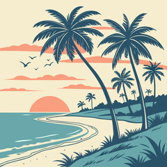 Tropical beach landscape with palm trees, sunset, and birds in the sky