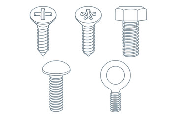 Variety of screws and bolts displayed showing different shapes and designs for various applications and uses in construction and assembly