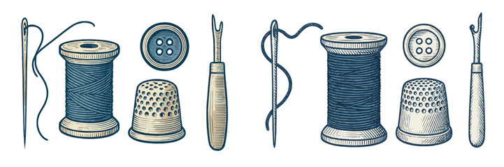 Collection of sewing tools on a white background showcasing spools of thread, buttons, needles, and a thimble