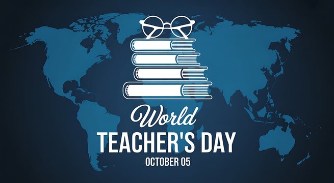 Celebrate world teachers day with a stack of books and glasses symbolizing knowledge and education on a global map background