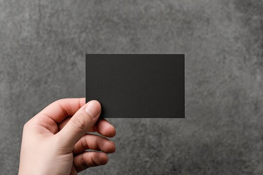 Hand holding blank black business card on textured gray background
